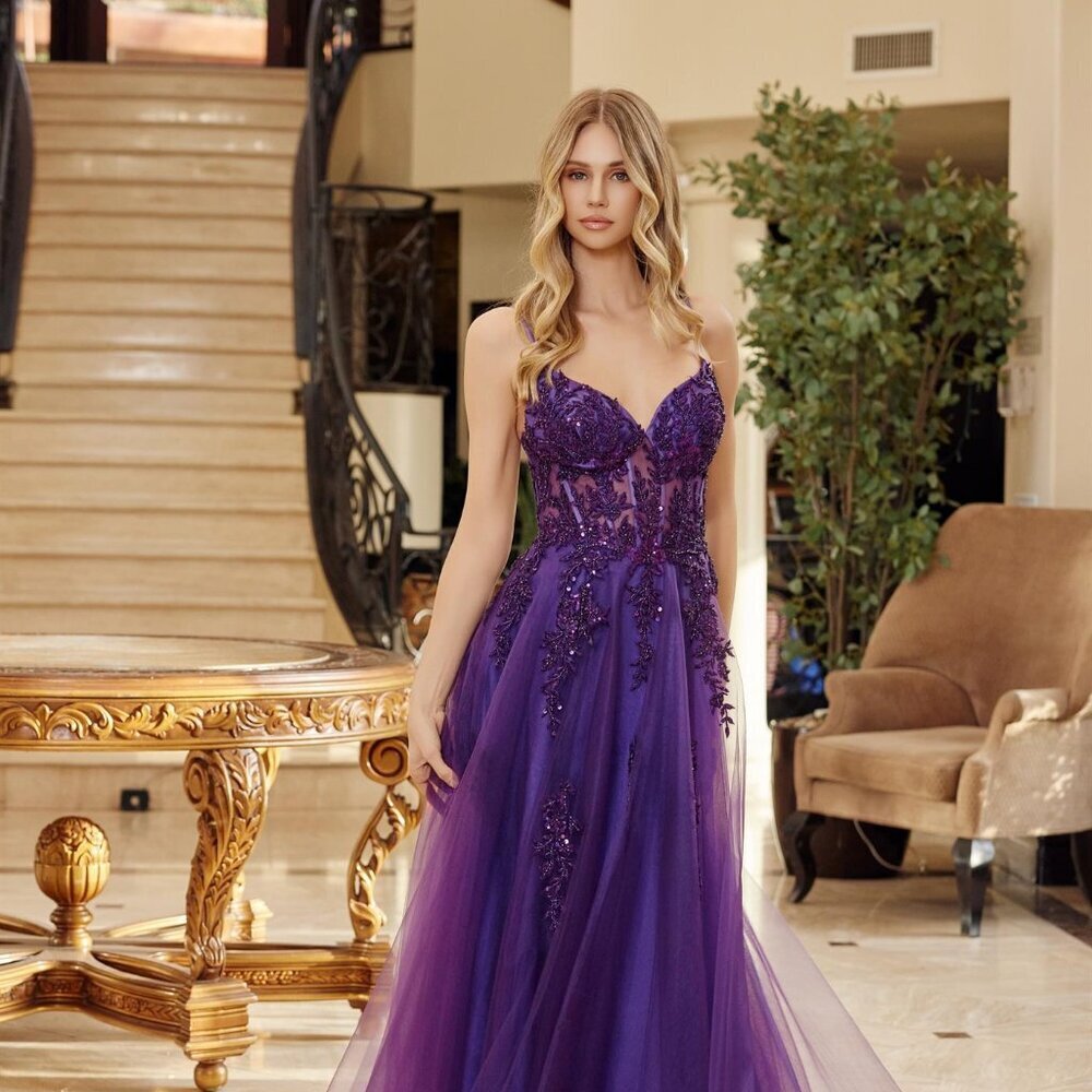 New Plum A-Line Graduation Dress w/ Flare Skirt & Sheer Corset Bodice NX Q1778